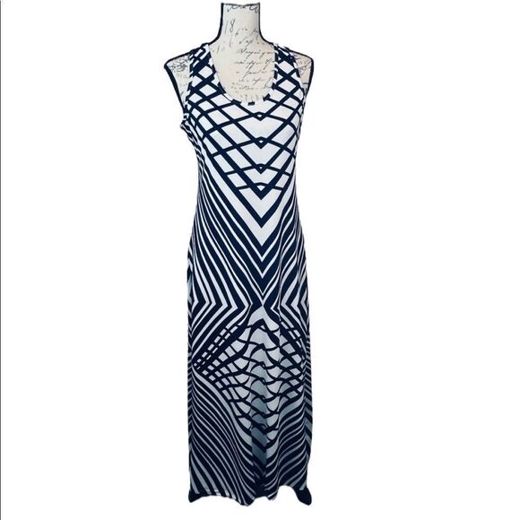 Sleeveless Maxi Dress in Navy Blue and White Geometric Pattern - Picture 1 of 5